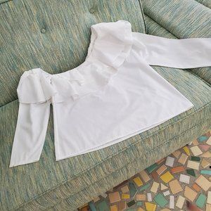 LADIES WHITE RUFFLED COLLAR LONG SLEEVE BLOUSE